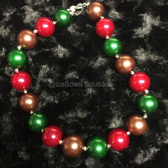 Green, Red and Brown Chunky Bead Necklace HAND CRAFTED